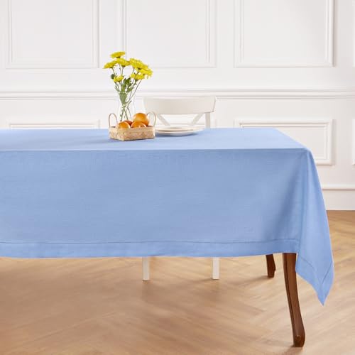 Solino Home Cornflower Blue Linen Tablecloth 60 x 144 Inch - 100% Pure Linen Hemstitch Table Cloth for Rectangle Tables - Classic Hemstitch, Machine Washable Tablecloth