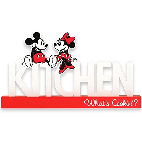 Disney Mickey Mouse and Minnie Mouse Kitchen Table Decor - What's Cookin' Metal Mickey and Minnie Decoration on Red Wood Base