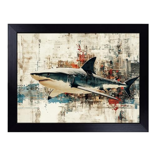 Lap Tray with Bean Bag Cushion, Shark Illustrated - Handmade in the UK, Raised Wooden Edge, Padded Cushion, Heat-Resistant Wipe-Clean Surface, for Meals, Laptops and Crafts