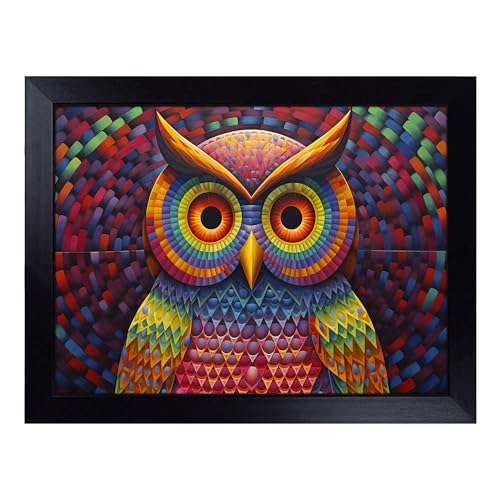 Lap Tray with Bean Bag Cushion, Owl Op Art - Handmade in the UK, Raised Wooden Edge, Padded Cushion, Heat-Resistant Wipe-Clean Surface, for Meals, Laptops and Crafts