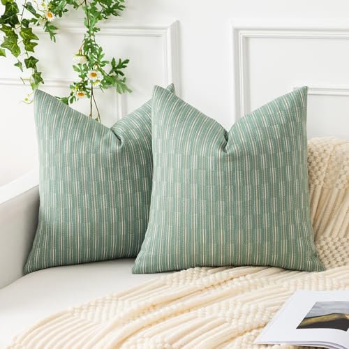 Kevin Textile Pillow Covers, Square Throw Pillow Covers Set of 2, Spring Boho Woven Texture Linen Decorative Burlap Pillow Cases for Couch Bedroom Living Room, 18x18 inch, Sage Green