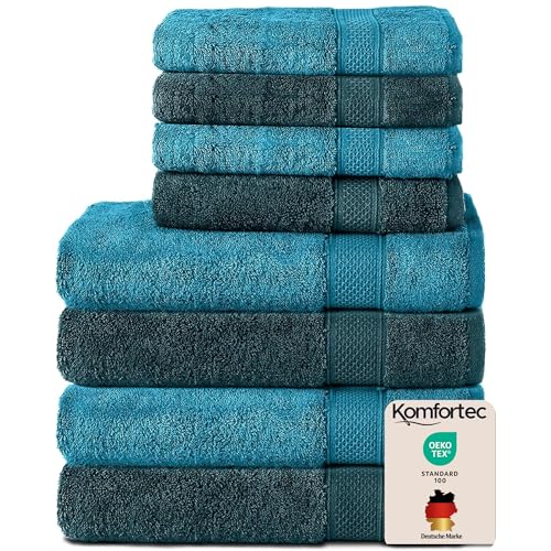 Komfortec Set of 8 Hand Towels 100% Cotton, 4 Bath Towels 70 x 140 cm and 4 Hand Towels 50 x 100 cm, Terry Clothing, Soft, Large, Turquoise/Petrol
