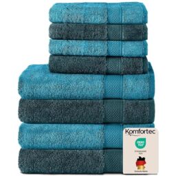 Komfortec Set of 8 Hand Towels 100% Cotton, 4 Bath Towels 70 x 140 cm and 4 Hand Towels 50 x 100 cm, Terry Clothing, Soft, Large, Turquoise/Petrol