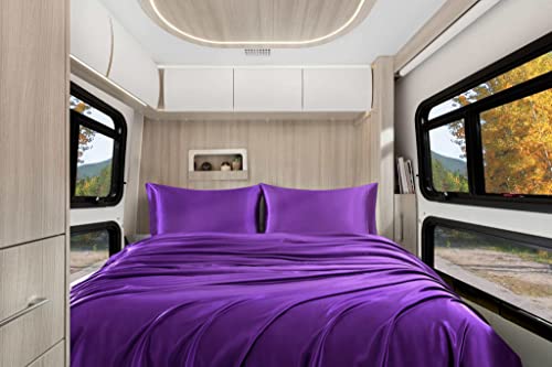 Homiest RV Short Queen Purple Deep Pocket Satin Sheets, 4-Piece - 15-Inch Deep Pocket Design, Silky Soft for Hair And Skin, Wrinkle And Fade Resistant, Machine Washable, Glossy Finish