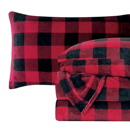 Elegant Comfort Luxuriously Soft 4-Piece Velvet Plush Flannel Sheet Set - Premium Quality - Cozy Warm, Anti-Static, Non Pilling Fuzzy Velvet Flannel Fleece Deep Pocket Sheet Set - Full, Buffalo Red