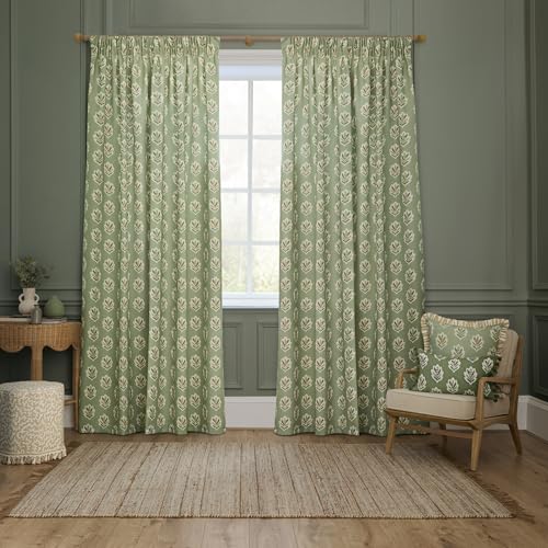 Sanderson Sessile Leaf Room Darkening Pencil Pleat Curtain Pair – Lined Botanical Oak Leaf Drapes (Sage - 168x137cm)