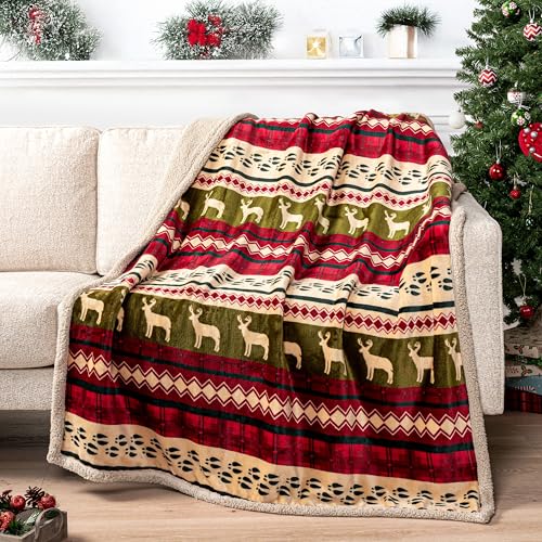 PAVILIA Premium Christmas Blanket Sherpa Fleece Throw- Plush Christmas Decoration, Reindeer, Cozy Reversible Winter Holiday Cabin Blanket for Sofa Couch 50x60