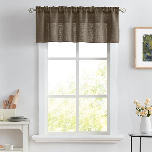 Melodieux Brown Semi Sheer Curtain Valance for Kitchen Cafe Small Windows Linen Rustic Rod Pocket Valance, 52 by 18 Inch, 1 Panel