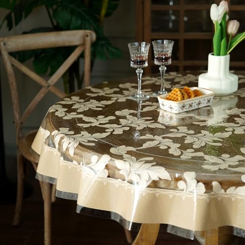 Artbloss Vinyl Table Cloth Round Clear Table Cover Protector with Block Printed Pattern Oil Spill Proof Farmhouse Rustic Plastic Table Covers for Dining Tables (Scroll Grass, 60 Inches Round)