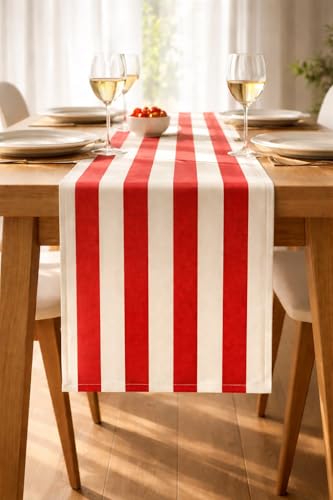 Folkulture Table Runner 90 Inches Long - Vertical Striped Home Decor - 100% Cotton Long Table Runner for Christmas Decor - Red & White - Wash Friendly