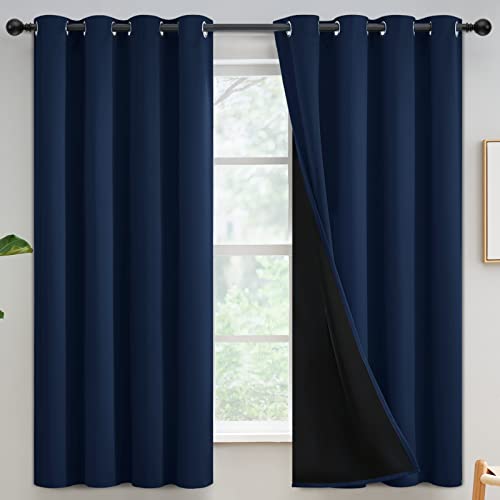 Yakamok 100% Blackout Curtains for Bedroom 63 Inch Length, Total Light Blocking Drapes, Full Room Darkening Thermal Insulated Solid Grommet Panels for Living Room, 52Wx63L, Navy Blue, 2 Panels