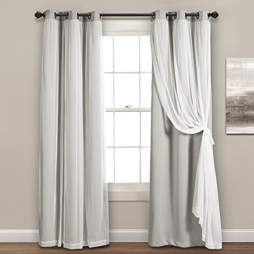 "Lush Decor Sheer Grommet Curtains With Insulated Blackout Lining, Window Curtain Panels, Pair, 38"" W x 84"" L, Light Gray - Curtain With Sheer Overlay, Elegant Blackout Curtains for Bedroom"