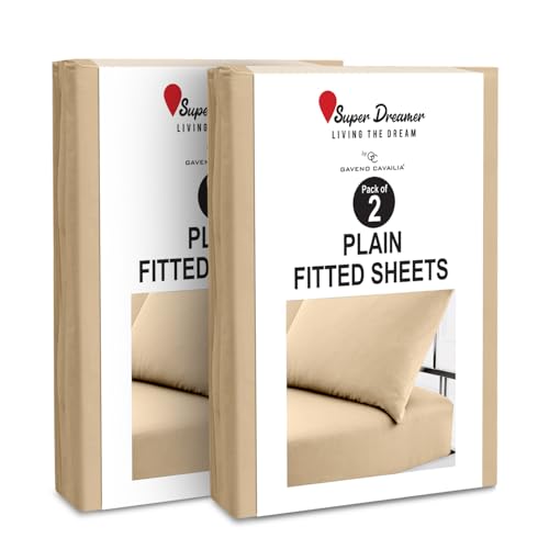 GC GAVENO CAVAILIA 2 Pack Fitted Sheet Single - Deep Pocket 25cm - Microfiber Bed Sheet (91x190 cm) - Wrinkle & Fade Resistant - Elastic Corners - Breathable & Easycare Bottom Sheet - Beige