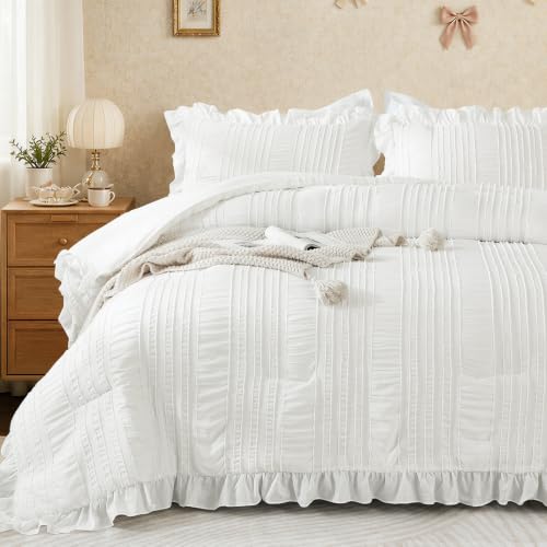 "WONGS BEDDING White Comforter Set King,3 Pieces Ruffle Farmhouse Shabby Chic Boho Comforter for King Bed,Soft Textured Bedding Set with 1 Ruffle Comforter,2 Tufted Pillowcases 104""??90"""