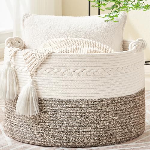 "KAKAMAY Large Cotton Rope Storage Basket (20""x13""),Woven Baby Laundry Hamper,Blanket Basket for Nursery, Laundry, Living Room, Pillows, Toys (White/Beige)"