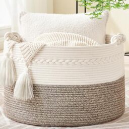 "KAKAMAY Large Cotton Rope Storage Basket (20""x13""),Woven Baby Laundry Hamper，Blanket Basket for Nursery, Laundry, Living Room, Pillows, Toys （White/Beige）"