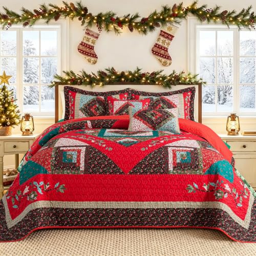 BEDIFANY Queen Quilt Set - Non-Traditional Christmas Queen Quilt Bedding Sets for All Seasons, 3 Pieces Lightweight Farmhouse Coverlet Set