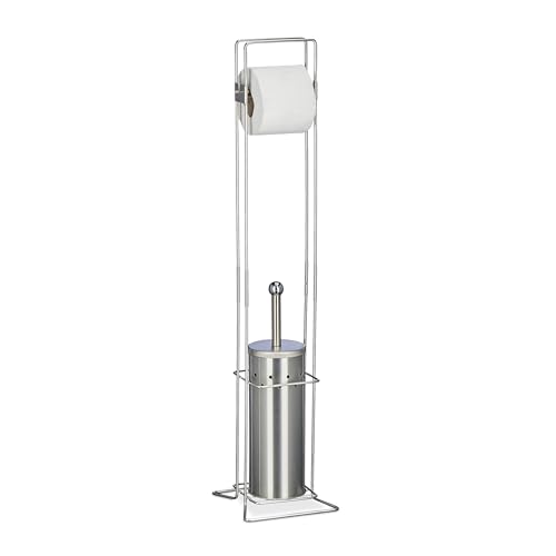 Relaxdays WC Set, HWD: 78.5 x 17 x 17 cm, Standing Toilet Roll Holder & Brush with Container, Stainless Steel, Silver