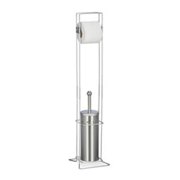 Relaxdays WC Set, HWD: 78.5 x 17 x 17 cm, Standing Toilet Roll Holder & Brush with Container, Stainless Steel, Silver