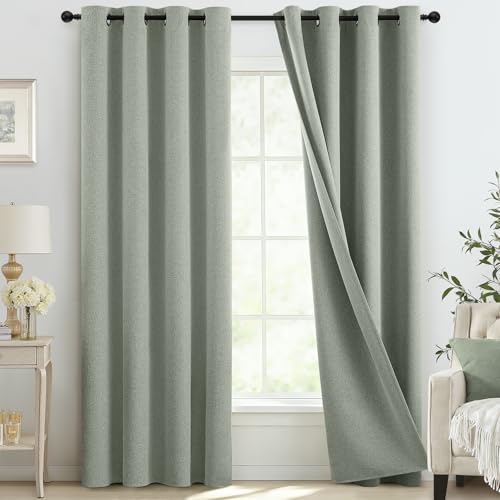 COSVIYA 100% Blackout Sage Green Linen Curtains & Drapes 84 Inch Length 2 Panels Set, Full Room Darkening Grommet Insulated Thermal Window Panels for Bedroom/Living Room,52x84 inches