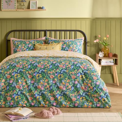 furn. Emerie Duvet Cover Set – Reversible Floral Bird Easy Care Country Garden Cotton Blend Bedding (Navy - Double)