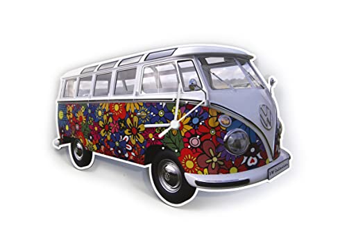 BRISA VW Collection - Volkswagen Wall Workshop Clock Timepiece in T1 Bus Campervan Design (Flower Power/Multicolor)