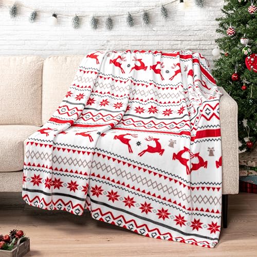 PAVILIA Christmas Throw Blanket - Holiday Christmas Reindeer Snowflakes Fleece Blanket - Soft, Plush, Warm Winter Cabin Throw, 50x60 (White Reindeer)