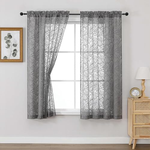 OVZME Black Sheer Curtains 63 Inch Length 2 Panel Set, Light Filtering Bedroom Curtains with Dual Rod Pocket Top, Leaf Clip Jacquard Sheer Farmhouse Window Drapes for Living Room, 2x42Wx63L Inches
