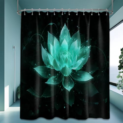 QGHOT Black and Teal Shower Curtain Lotus Flower Shower Curtains for Bathroom Decor Decorative Floral Bath Curtain Set, Waterproof Cloth Fabric, 84x72in