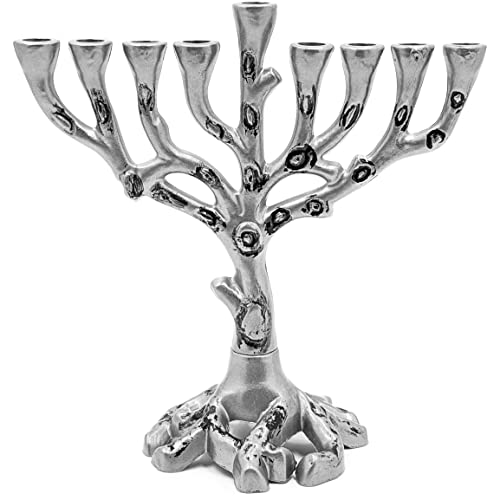 The Dreidel Company Hanukkah Menorah Tree of Life Mini, Pewter Finish for Chanukah, Fits Most Standard Candles