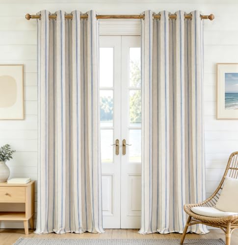 DriftAway Farmhouse Linen Blend Blackout Curtains 96 Inches Long for Bedroom Vertical Striped Printed Linen Curtains Thermal Insulated Lined Treatments for Living Room 2 Panels W52 x L96 Navy