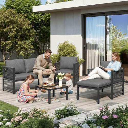 Ball & Cast Garden Set with Tempered Glass Coffee Table, Convertible 4-5 Seater Polyester Rope Patio Set with Lounge Sofa and Armchairs, Weatherproof Outdoor Patio Corner Sofas for Balcony, Grey