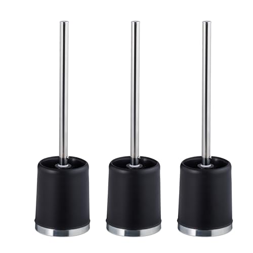 Relaxdays Toilet Brush with Holder, Set of 3, Removable Head, Inner Thread Ø 7cm, Plastic, Loo Cleaner, WC, Matt Black, 39 x 10 x 10 cm
