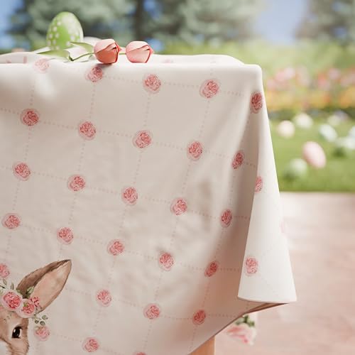 PETTI Artigiani Italiani - Easter Tablecloth Stain Resistant Square 140x140 cm 4 Seats, Microfibre Kitchen Table Cover, Pink Rabbit Design Pink Bunnies, 100% Made in Italy