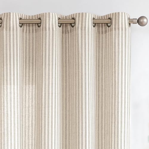 Vangao Linen Blend Stripe Curtains Tickingstripe Light Filtering Window Curtains Grey Pinstripe Printed on Beige Drapes 84 Inches Long for Living Room Bedroom Grommet Top 2 Panels