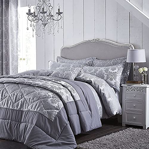Catherine Lansfield Damask Jacquard Single Duvet Cover Set with Pillowcase Silver Grey