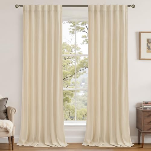 LAMIT Beige Velvet Curtains for Living Room 96 Inches Long, Elegant Thermal Room Darkening Panels Noise Reducing Back Tab and Rod Pocket Drapes for Bedroom/Farmhouse, 2 Panels, 52 x 96 Inch
