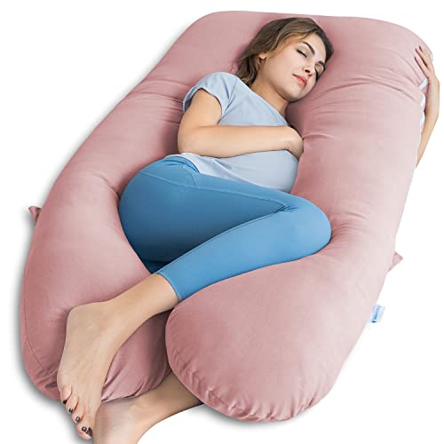 QUEEN ROSE Cooling Pregnancy Pillows, Maternity Pillow for Sleeping, 55in U Shaped Body Pillow for Pregnant Support, with Removable Silky Cover, Pink