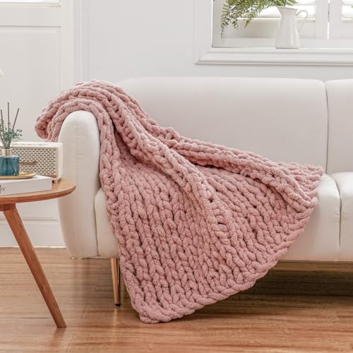 "WESHIONGOO Chunky Knit Blanket Throw Knitted Throw Blankets for Couch Bed Fluffy Soft Blanket with Jumbo Chenille Yarn Thick 100% Handmade(Pink, 40""×40"")"