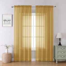 Chyhomenyc Gold Sheer Curtains 84 inches Long 2 Panels Set - Light Filtering White Curtains for Living Room, Soft Gentle Voile Rod Pocket Bedroom Window Drapes, 42Wx84L Inch, 2PCS