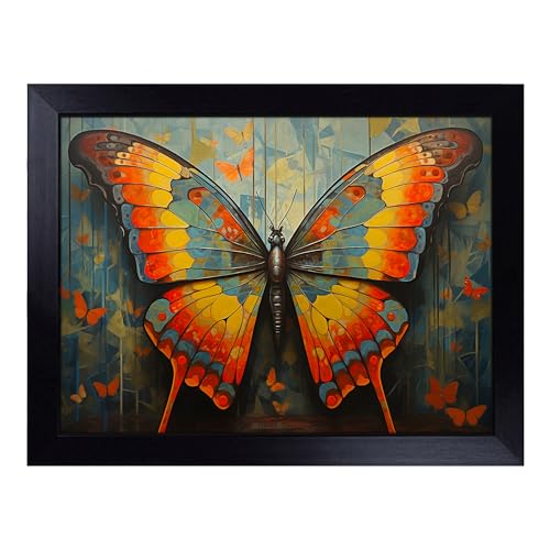 Lap Tray with Bean Bag Cushion, Butterfly Art Deco - Handmade in the UK, Raised Wooden Edge, Padded Cushion, Heat-Resistant Wipe-Clean Surface, for Meals, Laptops and Crafts