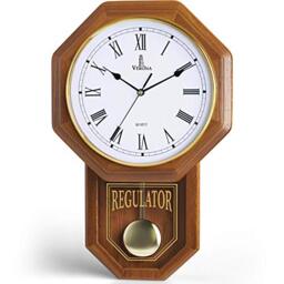 Schoolhouse Design Pendulum Wall Clock - Real Wood Regulator, Quiet Non-Chiming - Wooden Wall Decor for Living Room, Home, Office and Gift