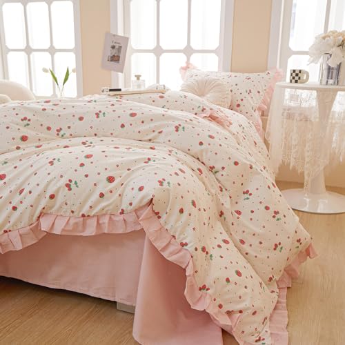 HighBuy Strawberry Print Comforter Set Twin XL Cute Fruit Bedding Set Ruffle Comforter with 2 Pillowcases Fluffy Reversible College Girl Bedding Comforter Set for All Seasons