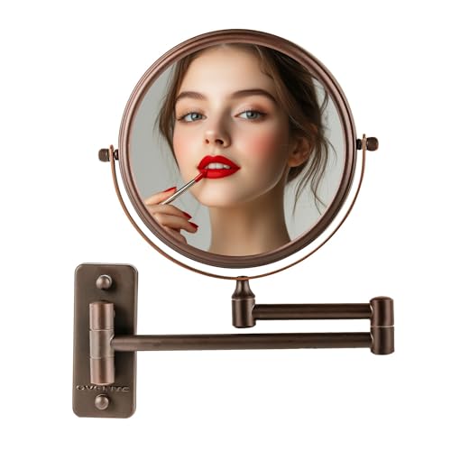 "OVENTE 7"" Wall Mount Makeup Mirror, 1X & 7X Magnifier, Adjustable Spinning Double Sided Round Reflection, Extend, Retractable & Folding Arm, Bathroom & Vanity Décor, Antique Bronze MNLFW70ABZ1X7X"