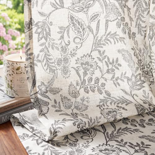 Lazzzy Linen Curtains Floral Print Rural Drapes Back Flap for Living Room/Bedroom, Semi-Transparent, Patterned, Vintage Style, with Rod Pocket, 2 Lengths, 160cm Long, Black on Beige