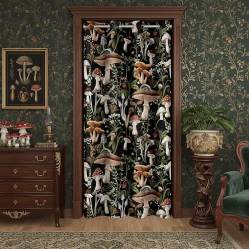 "Castle Fairy Mushroom Door Curtain for Privacy, Wild Plants Jungle Trippy Mushrooms 30%-50% Blackout Room Darkening 34"" W X 80"" L, Rustic Botanical Print Closet Curtain for Bedroom"