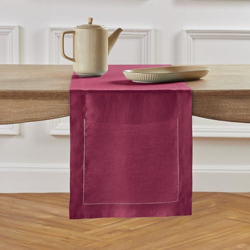Solino Home 100% Pure Linen Table Runner Beet, Classic Hemstitch 14 x 72 in - Table Runners for dining, hallway and console table styling, soft plain weave, artisan crafted, OEKO-TEX Certified, easy care