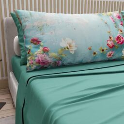 PETTI Artigiani Italiani - Cotton Sheets with Pillowcases in Digital Print, Single Sheet, 345 Teal Design Bed Set, 100% Made in Italy