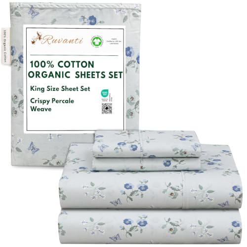 "RUVANTI 100% Organic Cotton Sheets King Size, Percale Weave, GOTS Certified, 4-Piece Set, Deep Pocket 15"", Crisp & Breathable, Soft Durable Bedding, S??banas Algod??n Org??nico ??? Butter Flight"