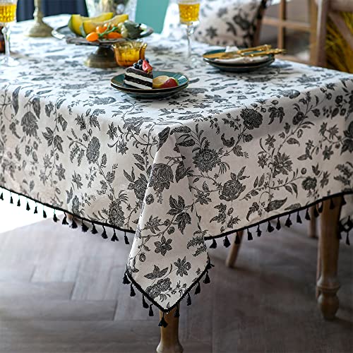 "SUTAVIA Boho Tablecloth Cotton Linen Table Cover Bohemian Table Top with Tassel Vintage for Holiday Party Kitchen Coffee Restaurant Dining Room Indoor Home (Black Flower, Rectangular 60""x84"")"